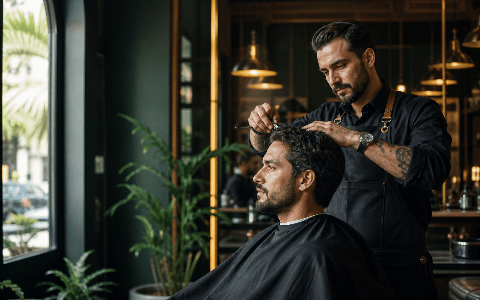 Barbeiro finalizando um corte em uma barbearia de tons verdes e dourados